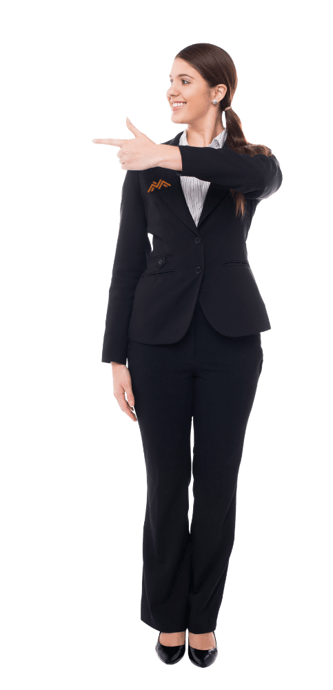 A businesswoman in a dark suit pointing toward the guide